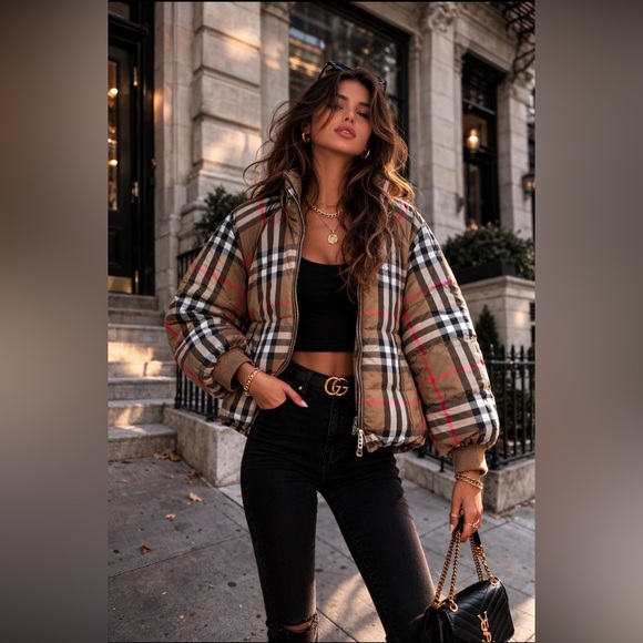 Burberry Jackets & Blazers - Burberry Beige Check Quilted Puffer Jacket